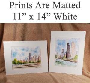 White matted skyline, cityscape, and city scene prints.