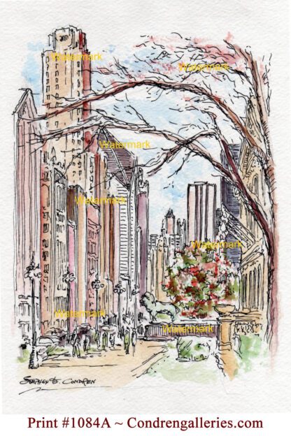 Chicago Michigan Avenue #1084A pen & ink city scene watercolor of downtown in front of the Art Institute.
