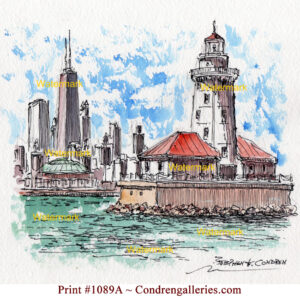 Chicago Harbor Lighthouse #1089A pen & ink landmark watercolor with views of the John Hancock Center, Navy Pier.