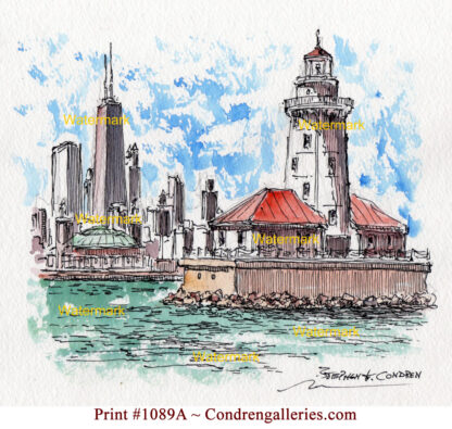 Chicago Harbor Lighthouse #1089A pen & ink landmark watercolor with views of the John Hancock Center, Navy Pier.