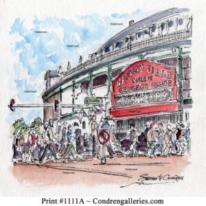 Chicago Wrigley Field #1111A pen ink landmark watercolor of Cub's fans enter under the famous baseball park sign.