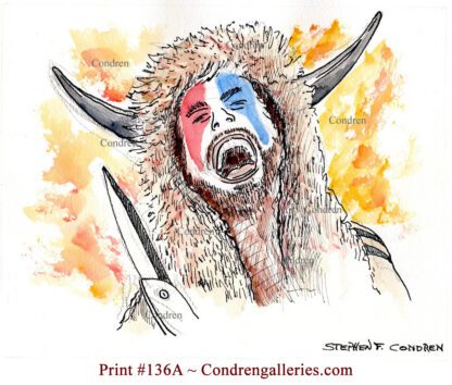 Capital riot bison man pen & ink, watercolor, terrorist portrait of Jacob Chansley, QAnon Shaman member, and rioter.