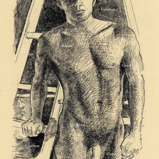 Hot nude male #144A pen & ink figure drawing with beautiful face, muscular torso, and fit body.