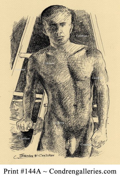 Hot nude male #144A pen & ink figure drawing with beautiful face, muscular torso, and fit body.