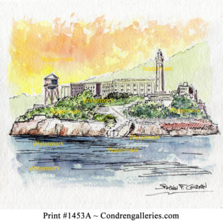 Alcatraz Island #1453A pen & ink landmark watercolor reflecting in the waters of the bay at sunset.