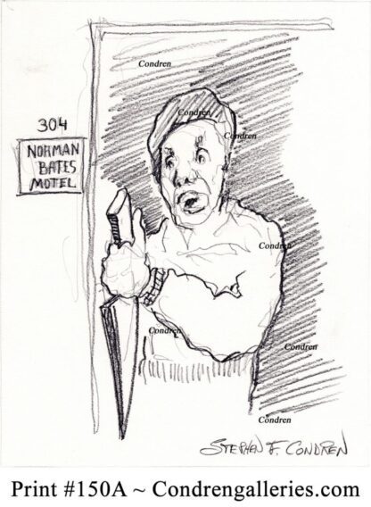 Norman Bates Motel 150A pencil horror drawing showing Timothy Foley raising a large knife at his door.
