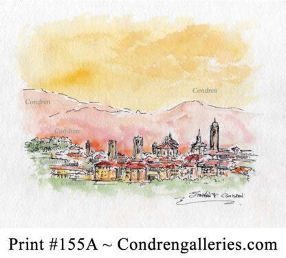 Italian landscape 155A pen & ink sunset watercolor with a view of the Alps.