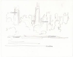 Chicago skyline 156A pencil cityscape sketch overlooking the lagoon in Lincoln Park.