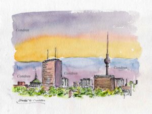 Berlin Skyline 156A pen & ink sunset watercolor by Stephen Condren.