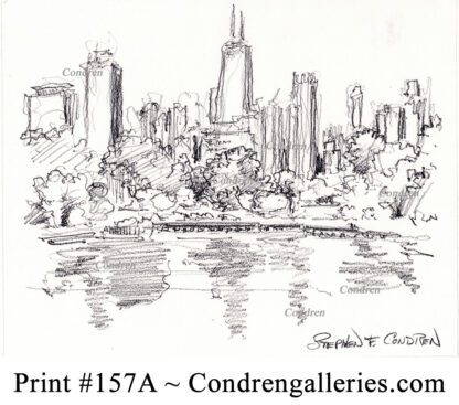 Chicago skyline 156A pencil cityscape drawing overlooking the lagoon in Lincoln Park.
