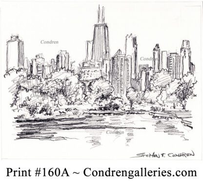 Chicago skyline 160A pencil cityscape drawing with a view of the lagoon in Lincoln Park.