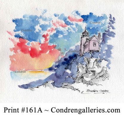 Bass Harbor Head Lighthouse pen & ink landmark watercolor with view of the sunset on the cliff.