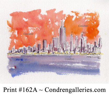 Chicago skyline 162A pen & ink cityscape watercolor with a view of the skyscrapers at sunset.