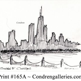 Chicago skyline 165A pen & ink cityscape drawing as a silhouette image of the near north side.
