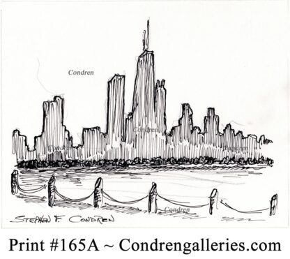 Chicago skyline 165A pen & ink cityscape drawing as a silhouette image of the near north side.