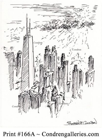 Chicago skyline 166A pen & ink cityscape drawing with sunset shadows.