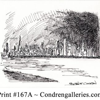 Chicago skyline 167A pen & ink cityscape drawing of the Loop at sunset.