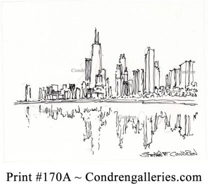 Chicago skyline 170A pen & ink cityscape drawing with skyscrapers reflecting in the waters of Lake Michigan.