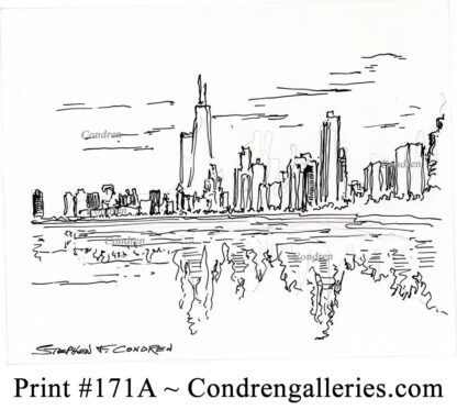 Chicago skyline 171A pen & ink cityscape drawing reflecting in the waters of Lake Michigan.