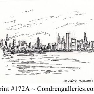 Chicago skyline 172A pen & ink cityscape drawing on Lake Michigan.