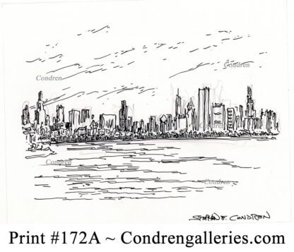 Chicago skyline 172A pen & ink cityscape drawing on Lake Michigan.