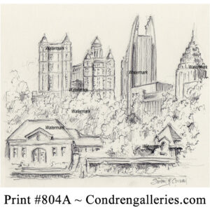 Atlanta skyline #804A pencil cityscape drawing of Midtown and Lake Clara Meer in Piedmont Park by Stephen Condren.