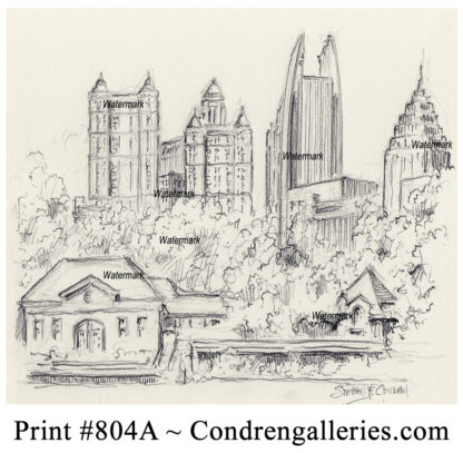 Atlanta skyline #804A pencil cityscape drawing of Midtown and Lake Clara Meer in Piedmont Park by Stephen Condren.