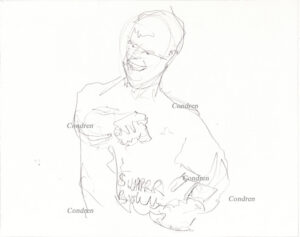 Tom Brady 177A pencil celebrity drawing as he grins while pointing by Stephen Condren.
