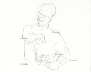 Tom Brady 177A pencil celebrity drawing as he grins while pointing by Stephen Condren.