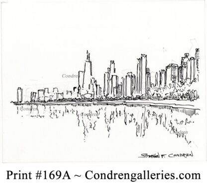 Chicago skyline 169A pen & ink cityscape drawing with the skyscrapers reflecting  in the waters of Lake Michigan.