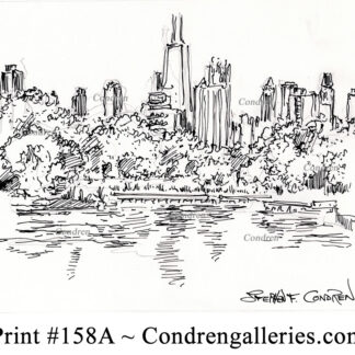 Chicago skyline 158A pencil cityscape drawing with a view of the lagoon in Lincoln Park.
