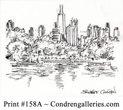 Chicago skyline 158A pencil cityscape drawing with a view of the lagoon in Lincoln Park.