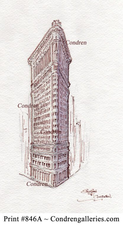 Flatiron Building #846A pen & ink landmark watercolor with intricate detailing of the skyscraper.