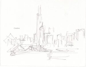 Chicago skyline 185A pencil cityscape sketch by artist Stephen Condren.