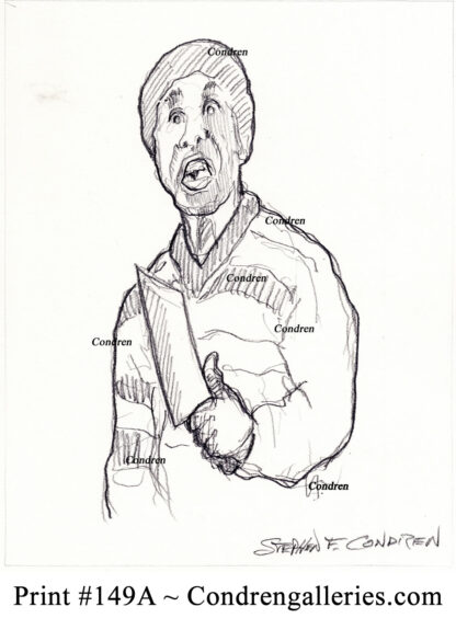 Timothy Foley 149A The Greeter pencil psycho drawing with him holding a meat cleaver.