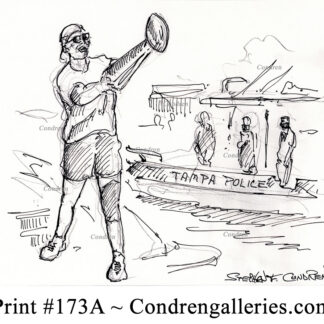 Tom Brady 173A pen & ink celebrity drawing throwing the Lombardi Trophy by Stephen Condren.