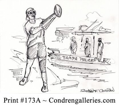 Tom Brady 173A pen & ink celebrity drawing throwing the Lombardi Trophy by Stephen Condren.