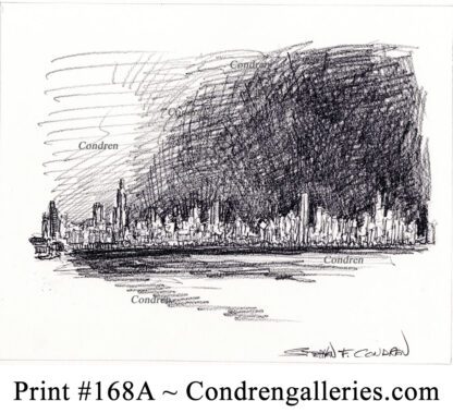 Chicago skyline 168A pencil cityscape drawing of downtown at sunset.