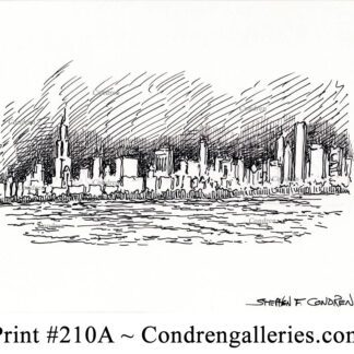 Chicago skyline 210A pen & ink cityscape drawing of downtown at night by artist Stephen Condren.