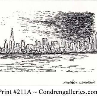 Chicago skyline 211A pen & ink cityscape drawing at sunset by artist Stephen Condren.