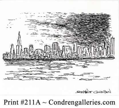 Chicago skyline 211A pen & ink cityscape drawing at sunset by artist Stephen Condren.