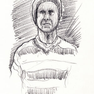 Stalker 146A pencil predator drawing of Timothy Foley standing in the shadows of his door.
