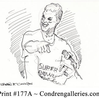 Tom Brady 177A pen & ink celebrity drawing as he grins while pointing by Stephen Condren.