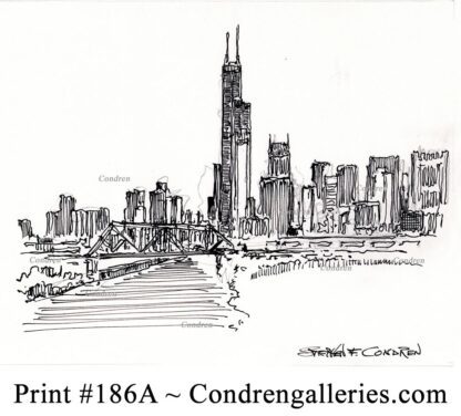 Chicago skyline 186A pen & ink drawing by artist Stephen Condren.