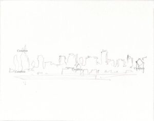 Chicago skyline 211A pencil cityscape drawing at sunset by artist Stephen Condren.