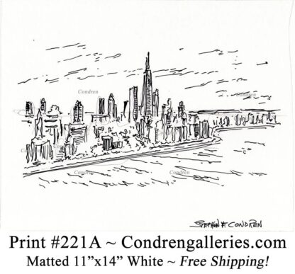 Chicago skyline 221A pen & ink cityscape drawing with view of the former John Hancock Center by artist Stephen Condren.