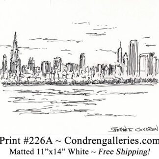 Chicago skyline 226A pen & ink cityscape drawing of skyscrapers in the Loop from Lake Michigan by Stephen Condren.