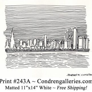 Chicago skyline 243A pen & ink cityscape drawing of skyscrapers in the downtown Loop at night by Stephen Condren.