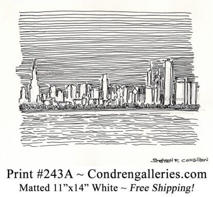 Chicago skyline 243A pen & ink cityscape drawing of skyscrapers in the downtown Loop at night by Stephen Condren.