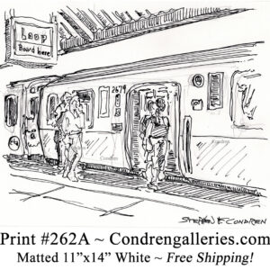 Chicago "L" train 262A as passengers enter pen & ink city scene drawing by Stephen Condren.